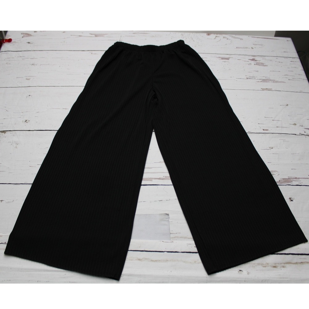 Uniqlo Womens Black Ribbed Wide Leg Pants Elastic Waist Knit Trousers Small